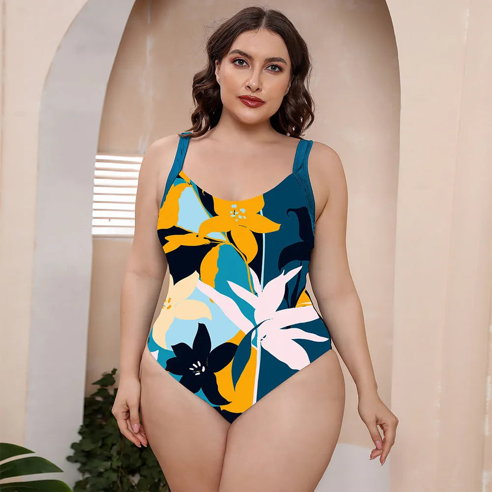 Conservative one-piece swimsuit with spaghetti straps and floral print pattern for swimming