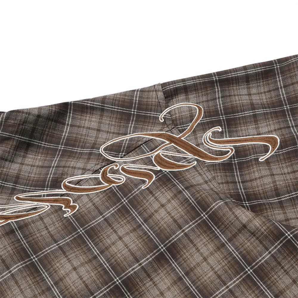 Men's black and brown plaid short-sleeve shirt with letter embroidery detail
