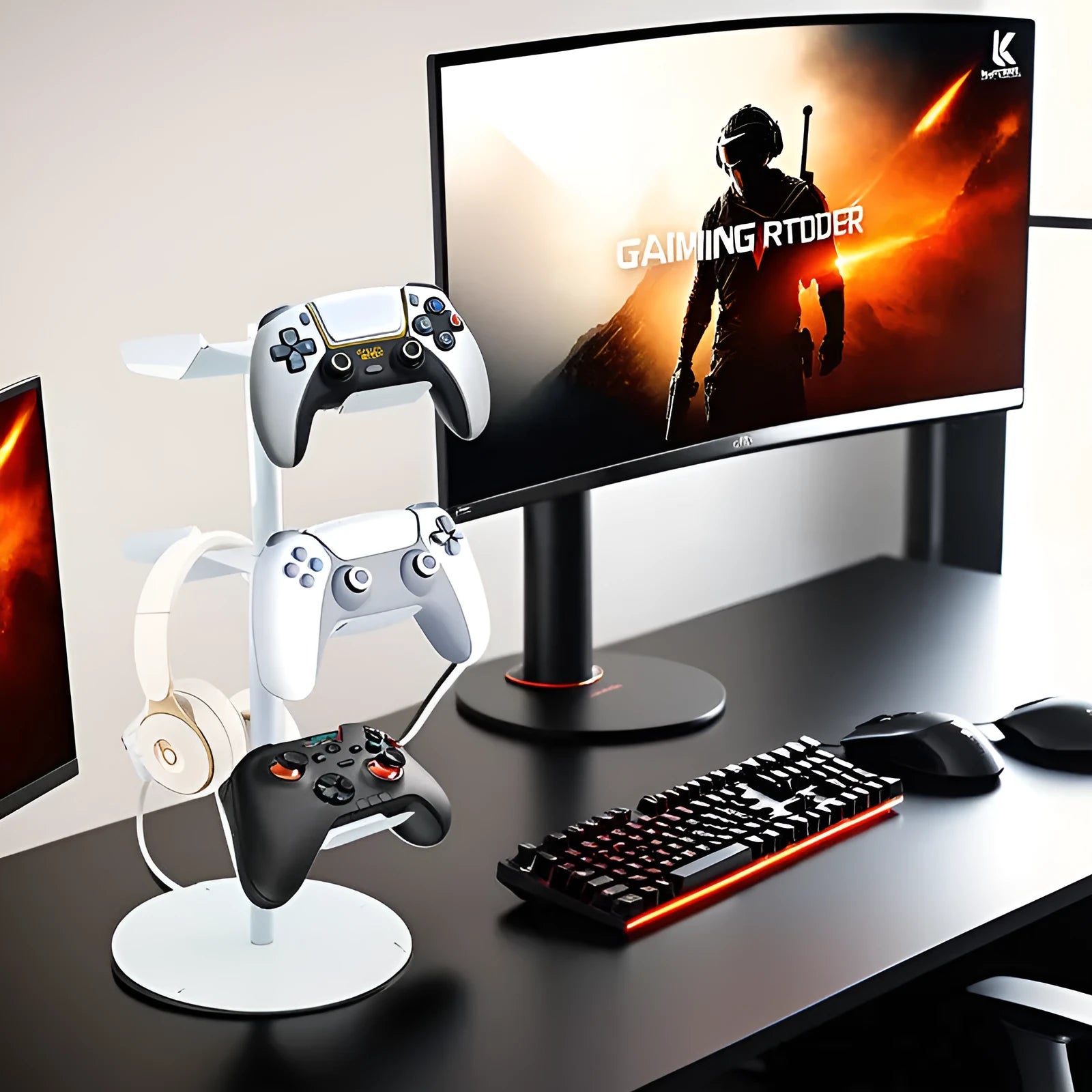 Metal e-sports headphone bracket in black with two layers on a gaming desk holding headphones