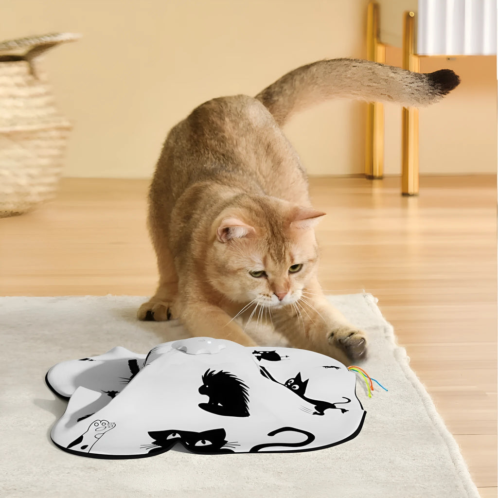 Colourful plastic cat toy with built-in teaser wand measuring 19.8 x 11.5 x 19.5cm