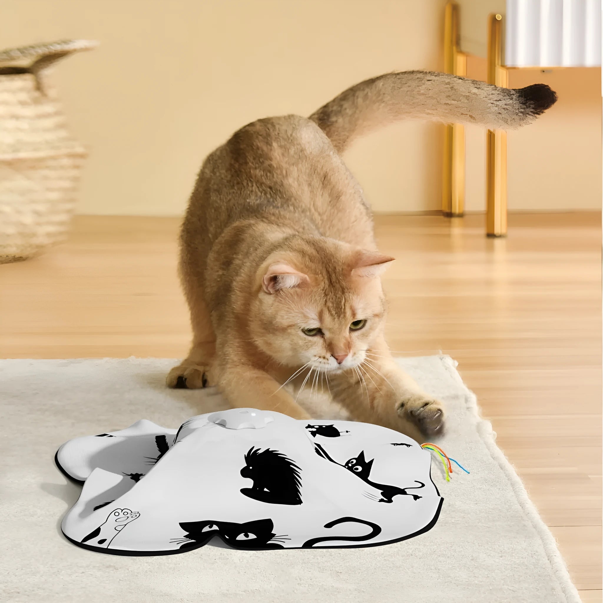 Colourful plastic cat toy with built-in teaser wand measuring 19.8 x 11.5 x 19.5cm
