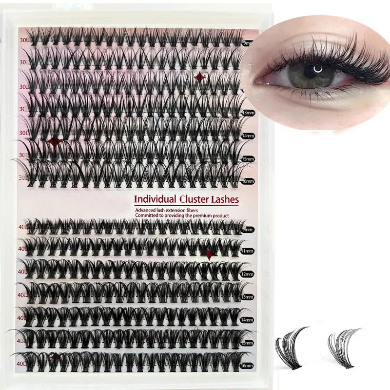 DIY cluster false eyelashes mixed package showing 30D and 40D thicknesses with tweezers