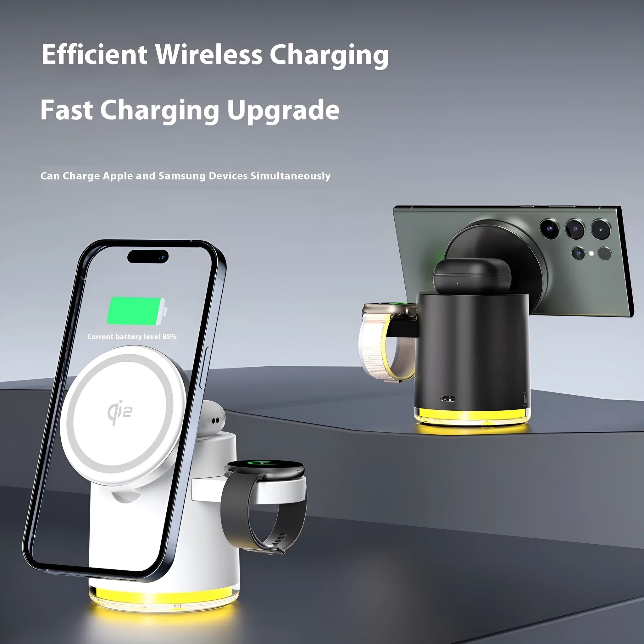 C16 foldable three-in-one magnetic wireless charger in black and ivory white, showing phone, watch, and earbuds charging simultaneously.