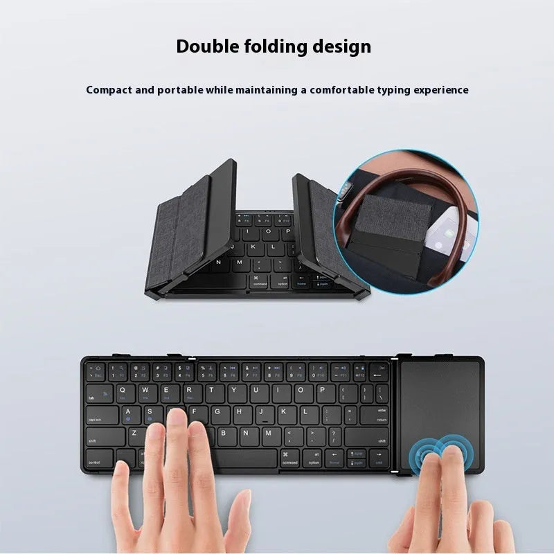 Black folding Bluetooth keyboard for mobile phones and tablets showing touchpad version