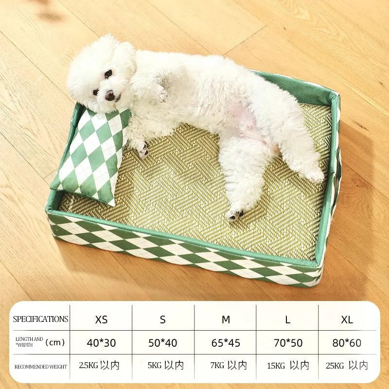 Blue woven rattan cat litter mat and bed in a medium size on a wooden floor.