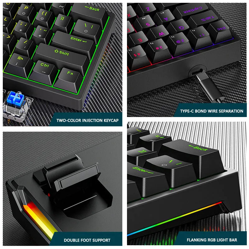 61-key blue switch mechanical keyboard with seven-color backlight, compact ABS build, Type-C wired connection