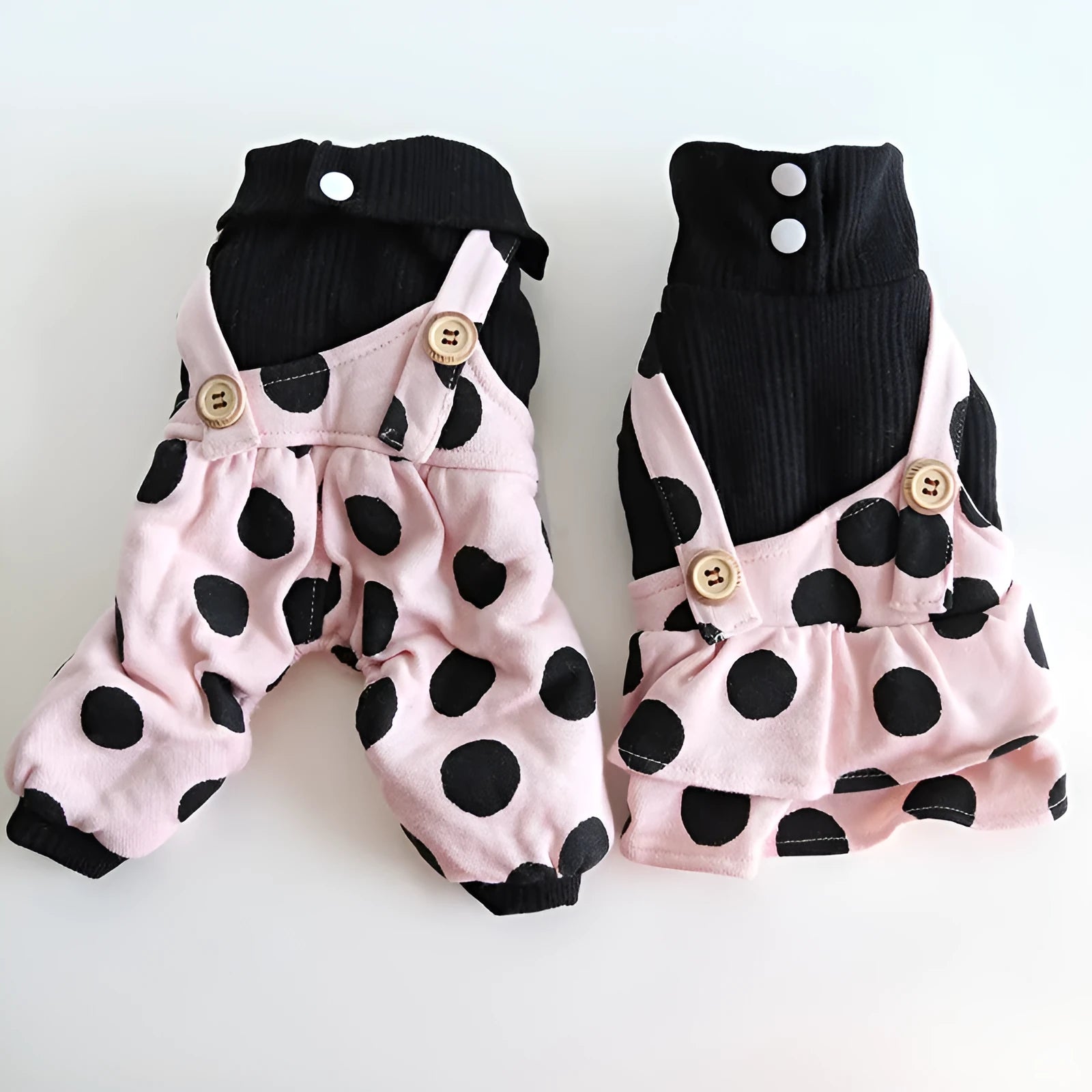 Pet clothing with lapel shoulder strap in casual cloth material showing four-legged and skirt style options