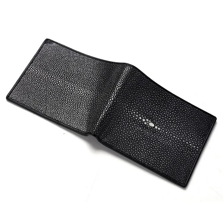 Short genuine cowhide leather wallet with pearl fishskin grain, horizontal square shape, and visible sewing thread stitching