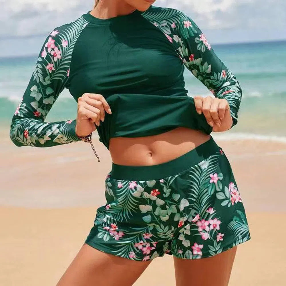 Women's long sleeve digital print conservative separate bikini swimwear in dark blue flower pattern