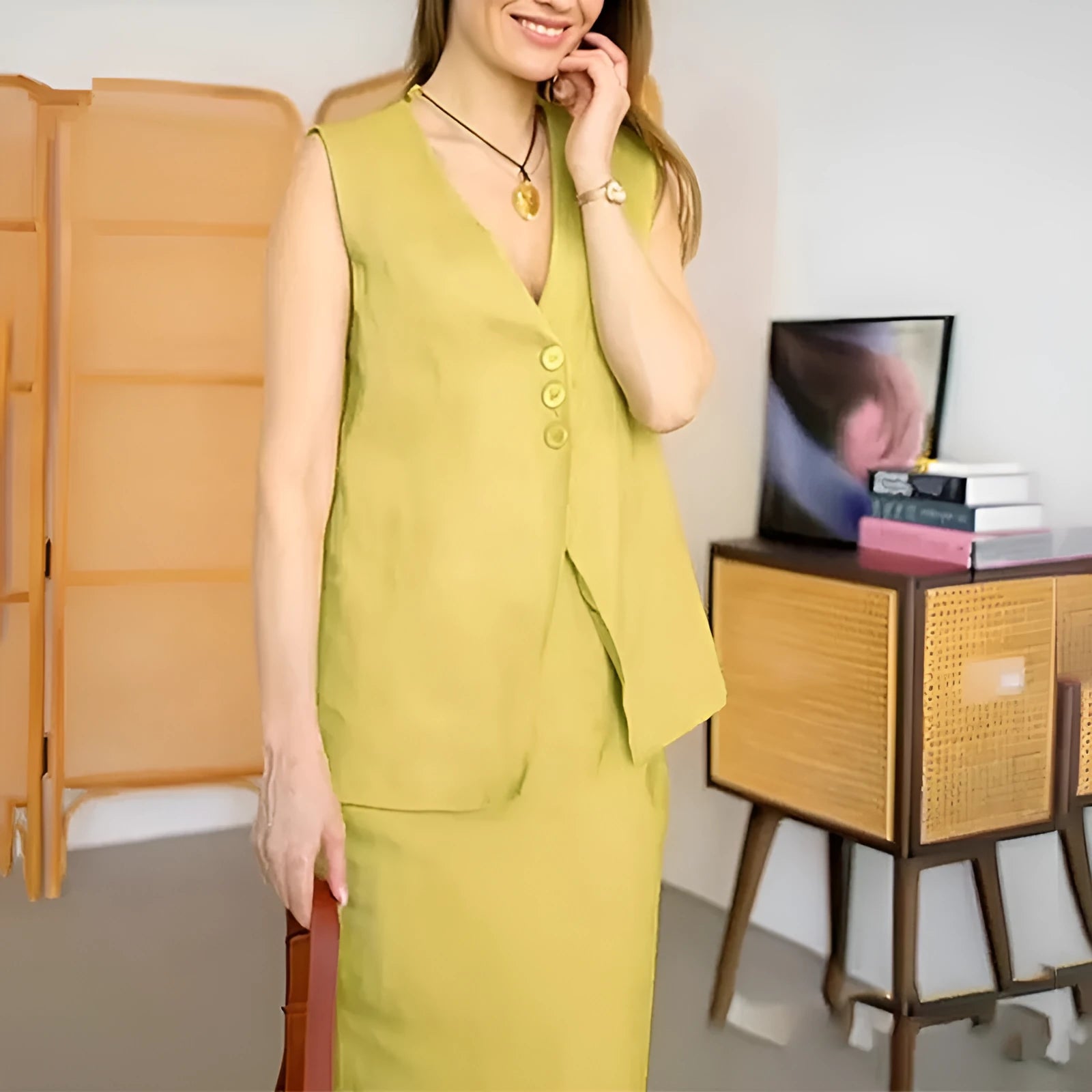 Women's casual two-piece suit set with sleeveless vest and long ankle-length skirt in polyester fabric