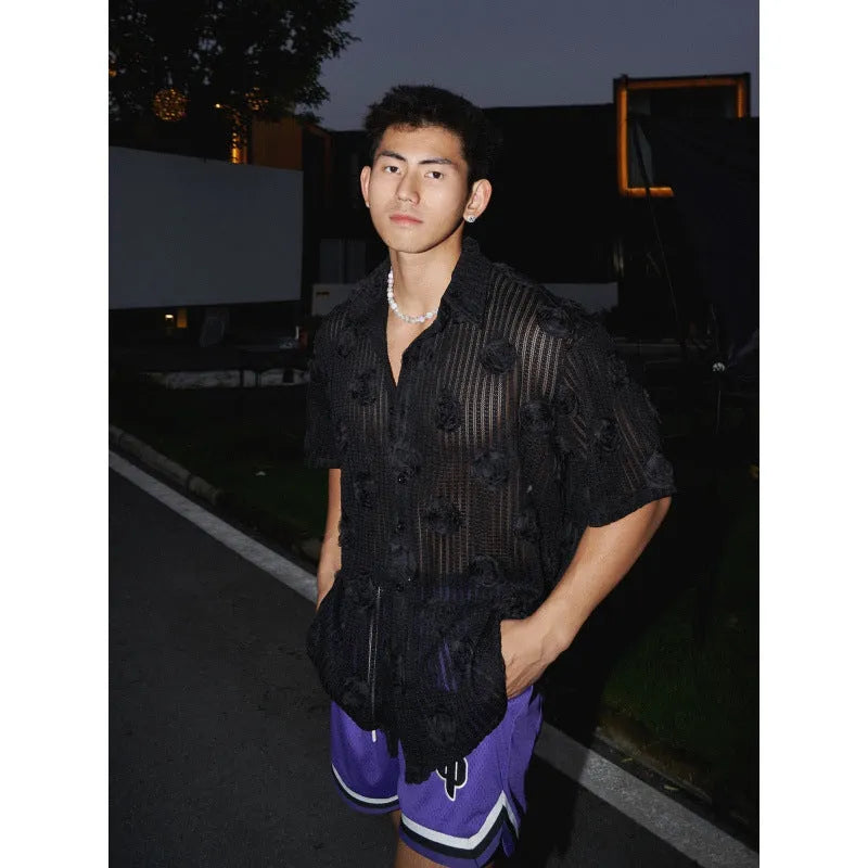 Heavy industry three-dimensional floral short-sleeved shirt in loose fit with wool lining