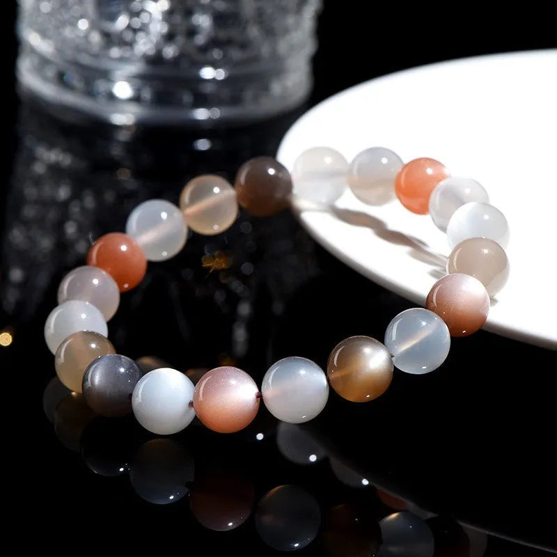 Natural moonstone bracelet with colourful moon light design showing 8mm single circle construction