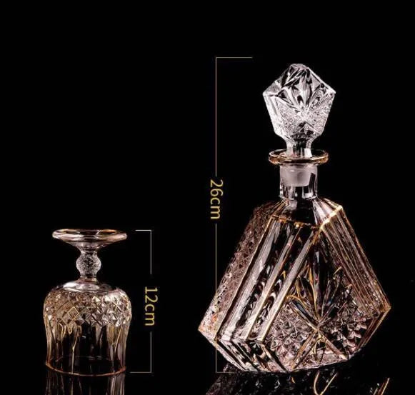 Yellow Chinese-style glass wine set with six pieces and golden accents for whiskey and red wine