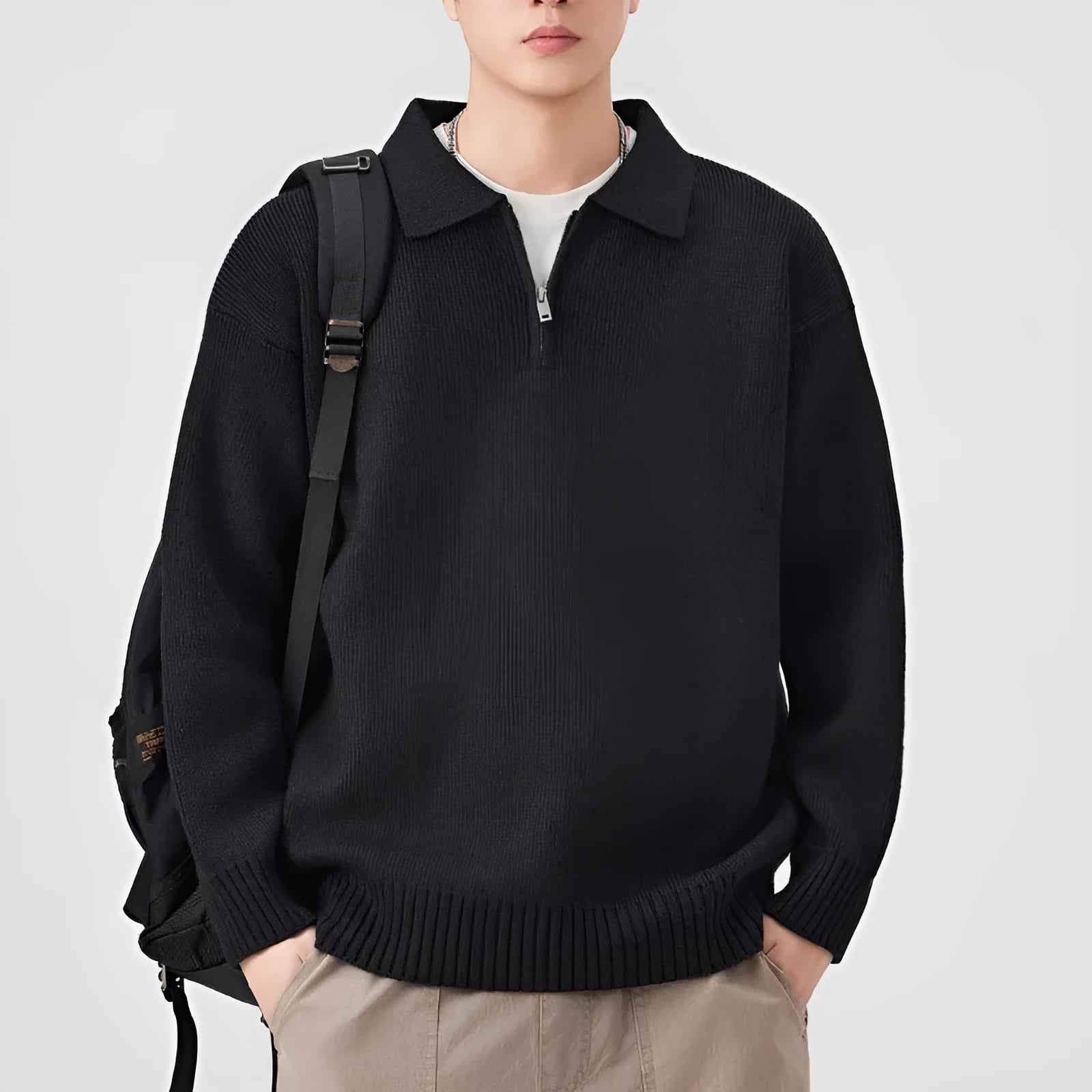 Men's turn-down collar half-zip loose fit sweater in coffee colour, long sleeves, synthetic fibre blend knitwear