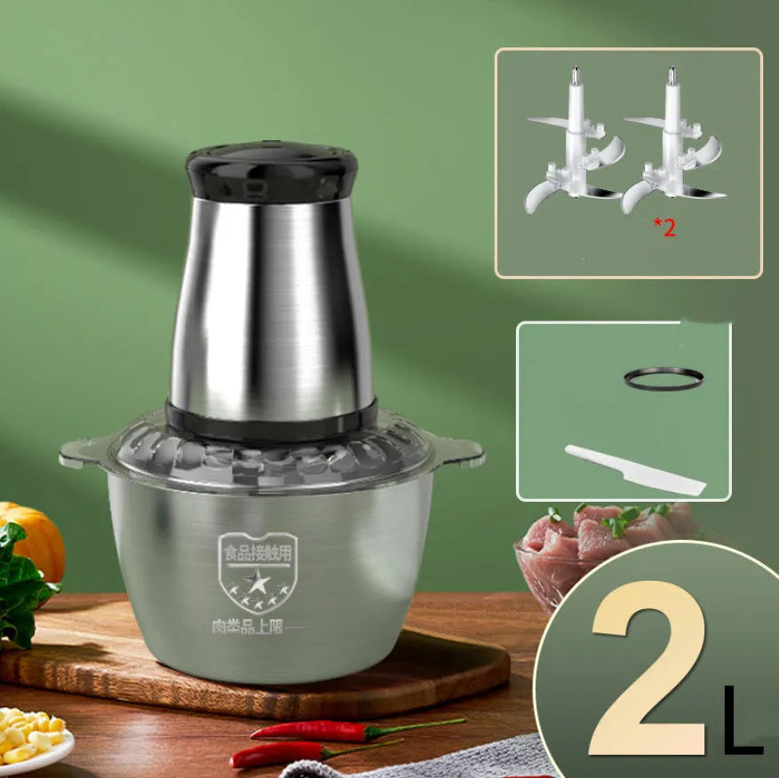 Stainless steel meat grinder with 2L capacity bowl and two knife sets