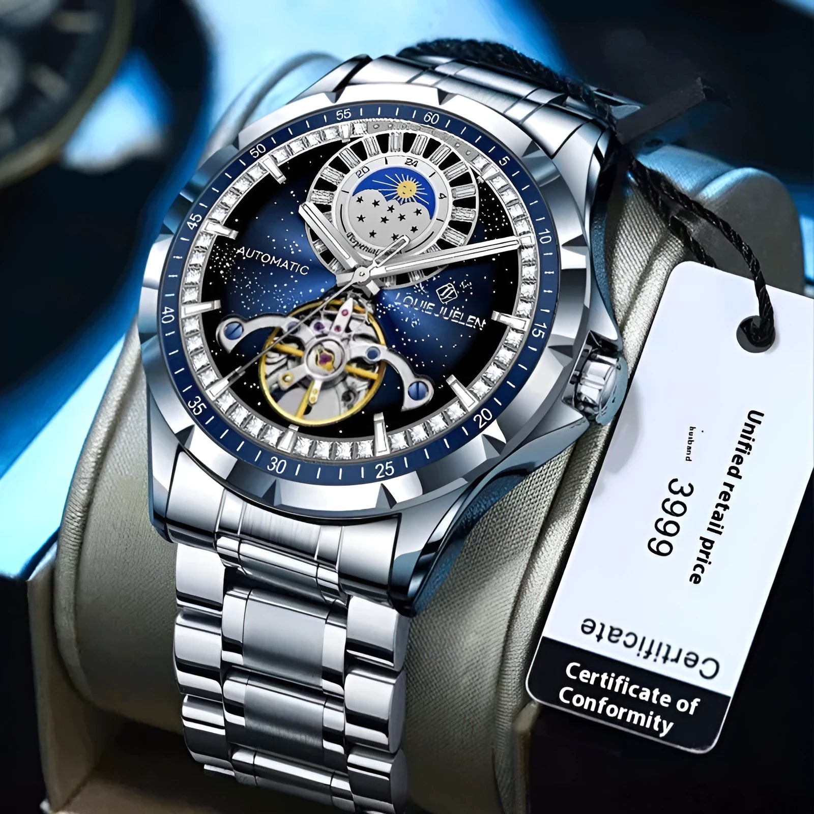 Automatic mechanical men's watch with silver alloy case, blue dial, and stainless steel bracelet