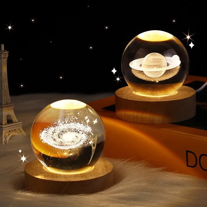 3D crystal ball night lamp with starry sky planets and moon projection on wooden base