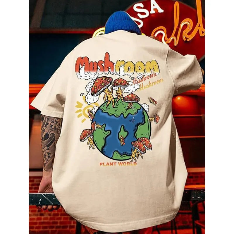 Men's printed short-sleeve casual sports T-shirt showing digital pattern design on polyester fabric.
