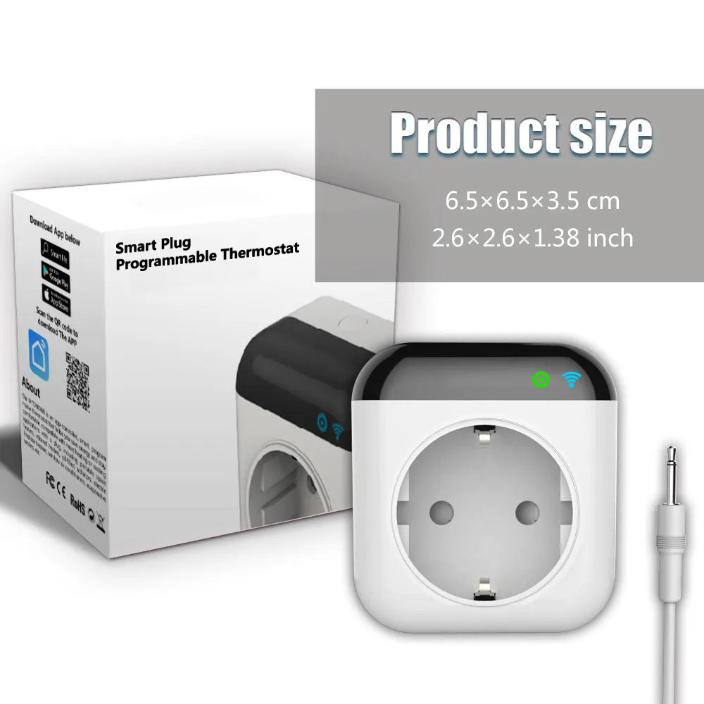 White Tuya Wi-Fi smart temperature control socket with US three-pin plug and temperature sensor probe