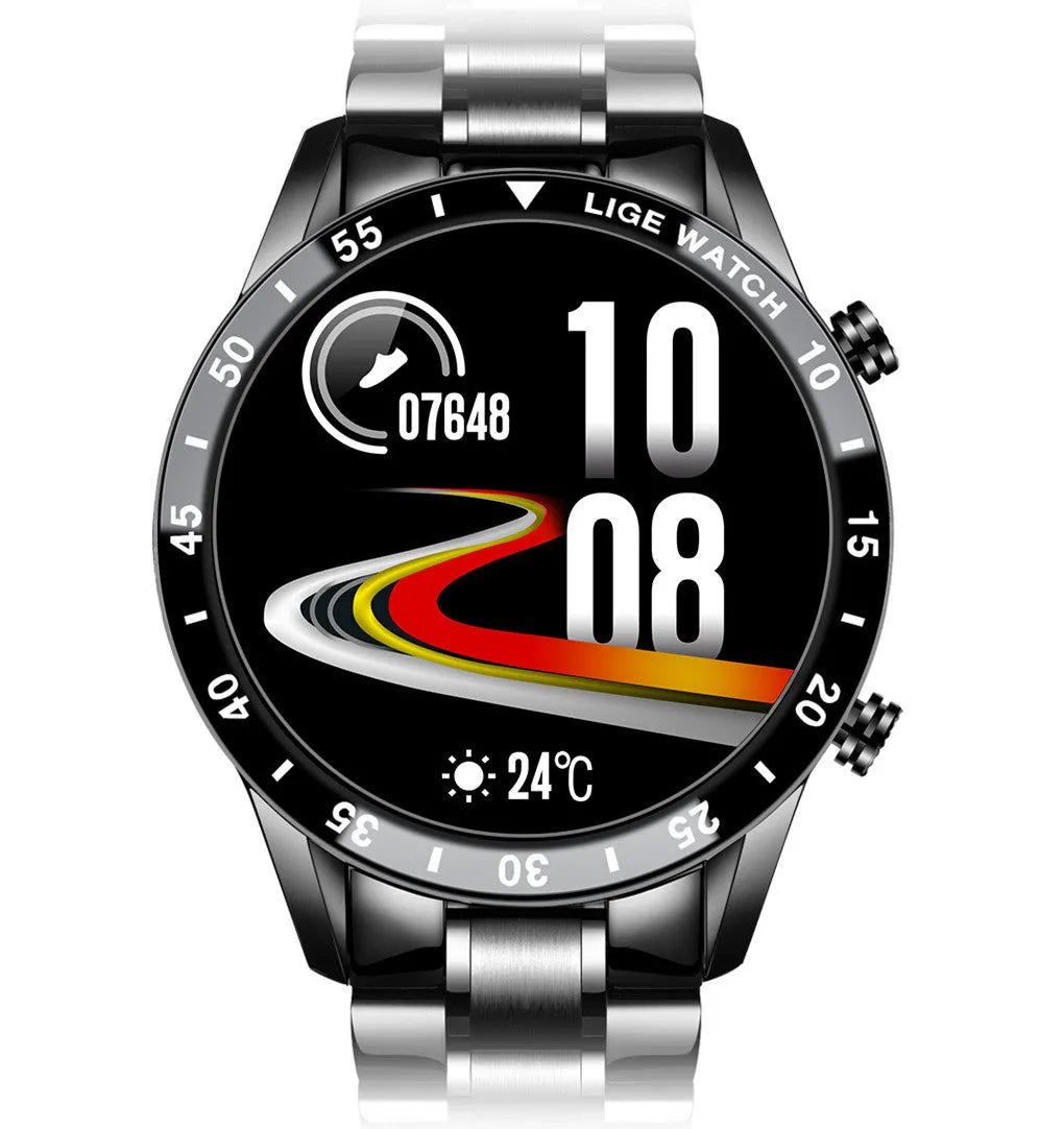 Smart watch with stainless steel wristband and 1.3-inch display showing step counter interface