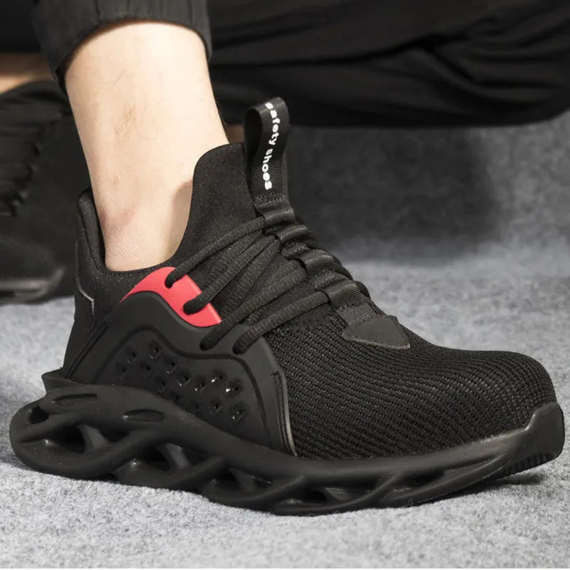 Men's anti-puncture safety sneakers with steel toe, lace up, black, breathable fly woven upper and EVA sole