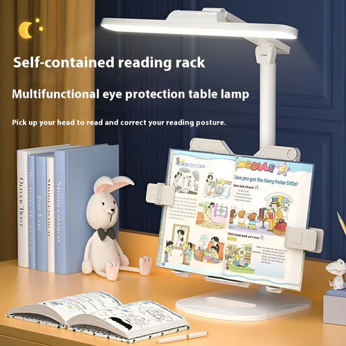 Adjustable multifunctional table lamp with an integrated bookshelf shelf on a wooden desk.
