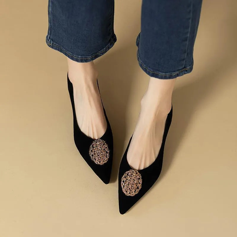 Women's stiletto pointed-toe shoes French style black suede wear-resistant rubber sole shallow mouth