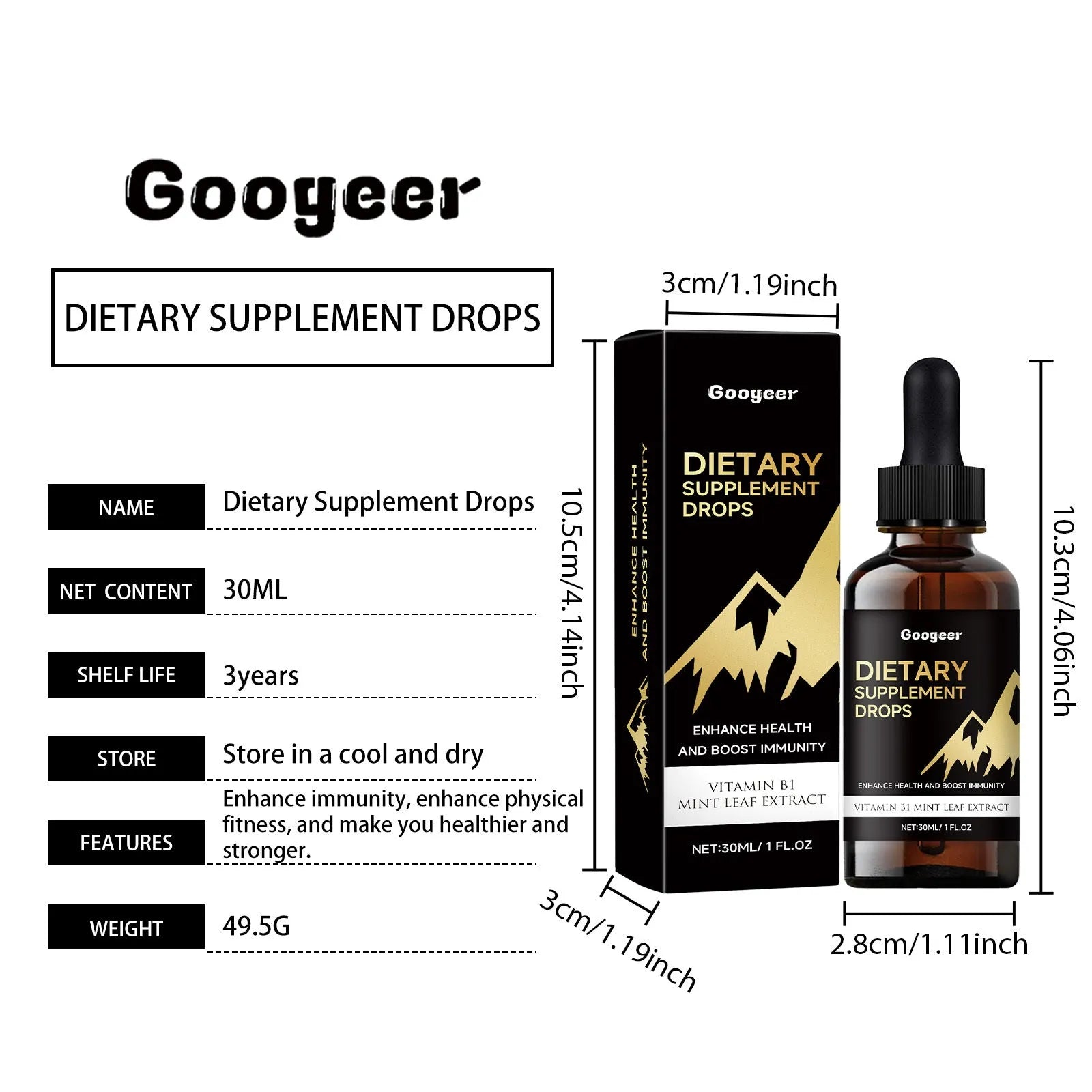 30ml bottle of clear dietary supplement drops with a dosage dropper on a white background.