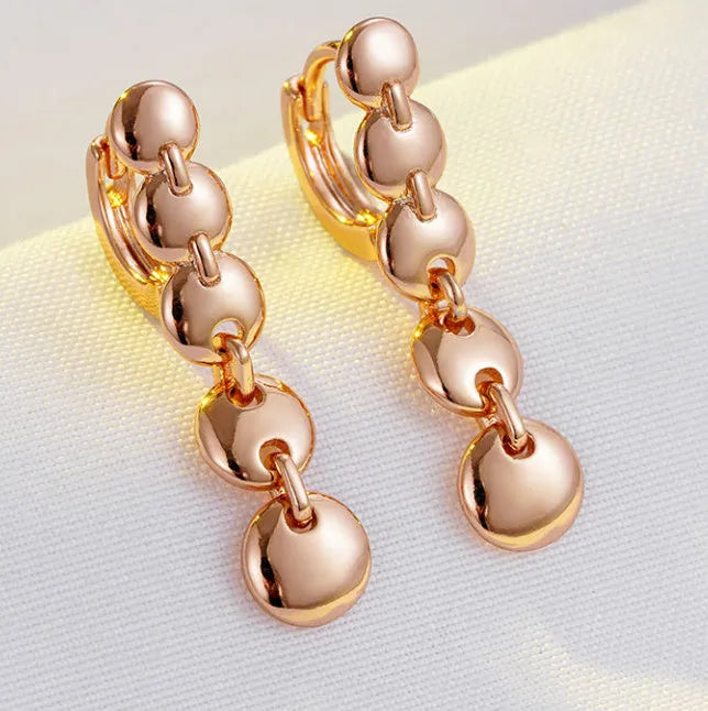 Gold retro long round circle earrings with woven texture on copper material