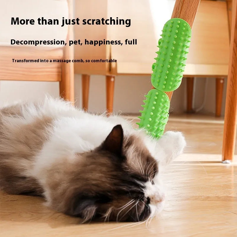 Adjustable silicone cat scratching brush mounted on table leg with rounded comb teeth for grooming