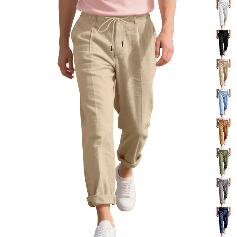 Men's linen casual trousers in straight-leg design with drawstring waist in light khaki colour