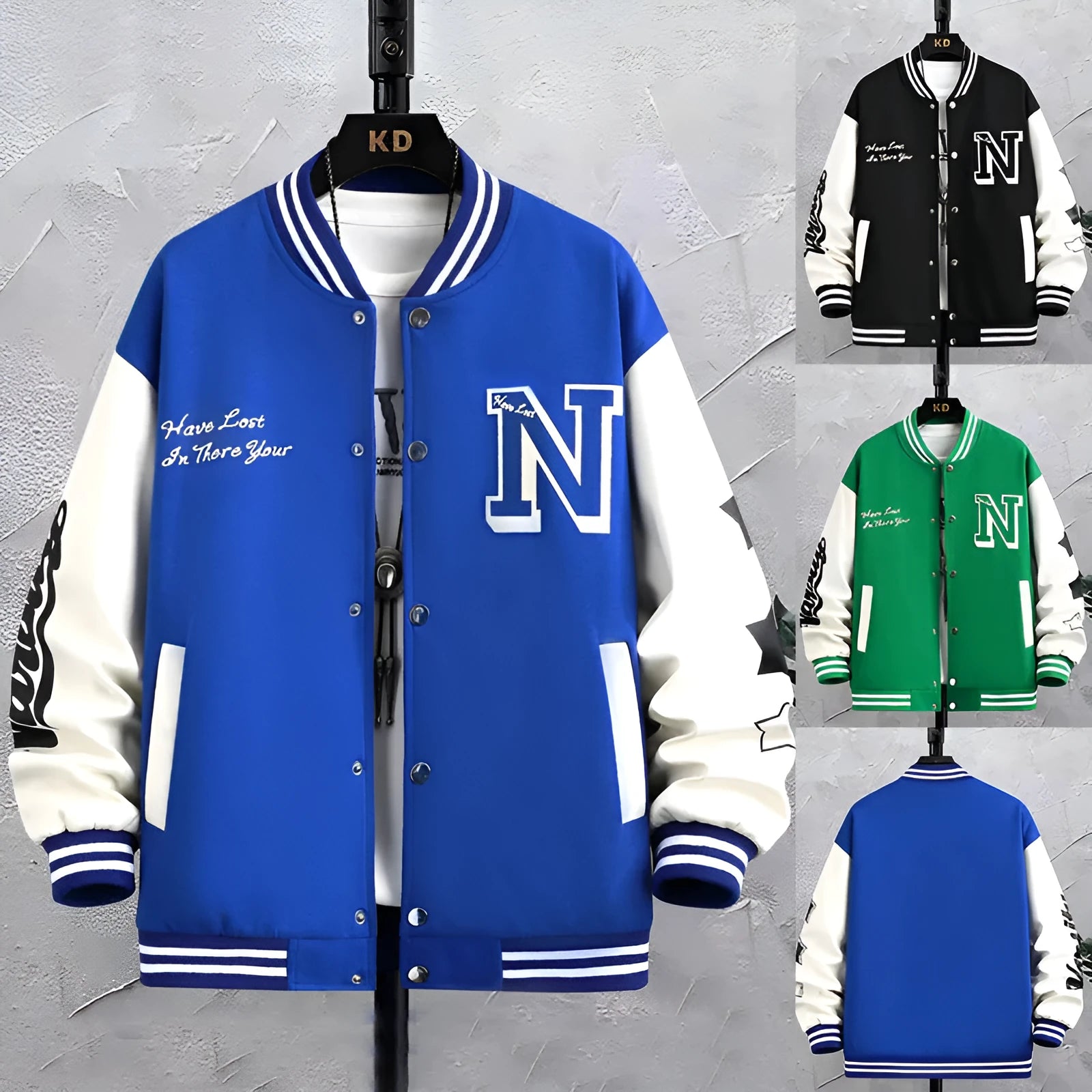 Men's letter print colour block jacket loose fit round neck button front casual coat black