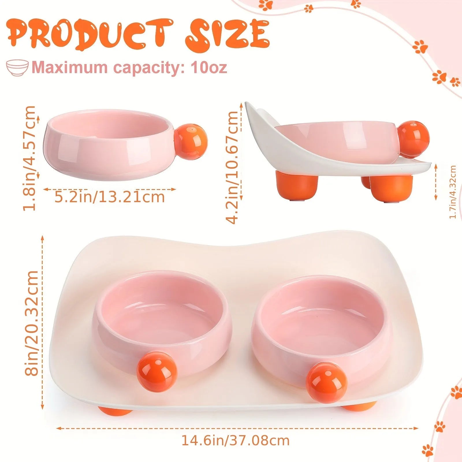 Pink and yellow elevated ceramic pet bowl set for food and water on a non-slip base.