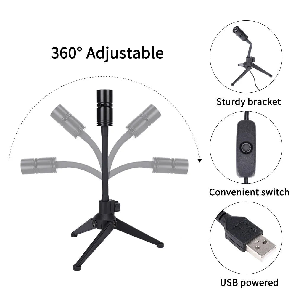 Star projector night light showing earth projection, with flexible hose bracket and USB cable.