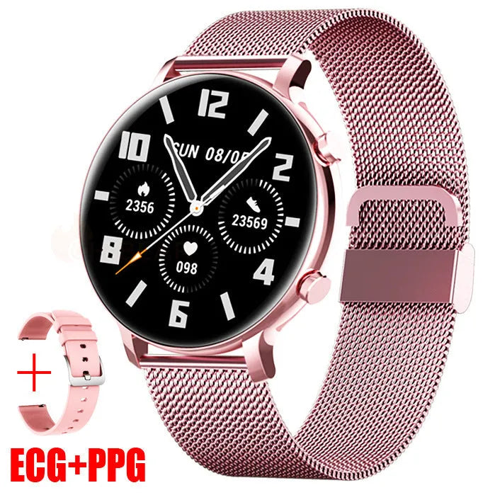 Black Bluetooth smartwatch with stainless steel strap on a wrist, showing call and health stats on screen.
