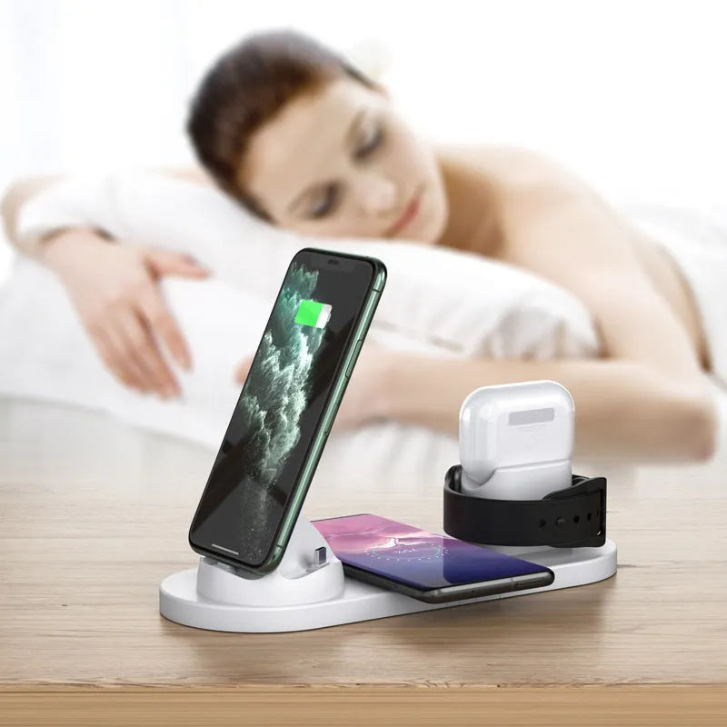 Black and white wireless charging station with phone holder showing multiple device charging pads