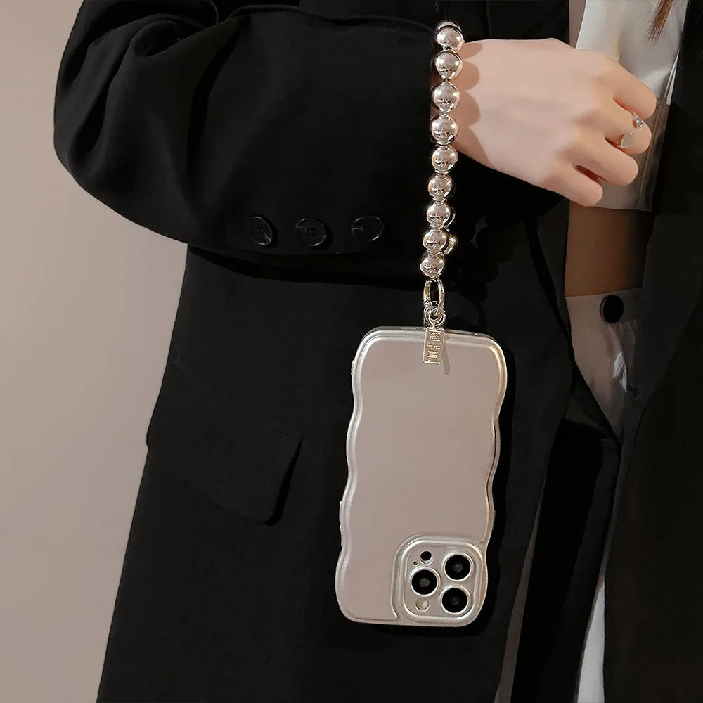 Niche metal silver electroplating bracket phone case for Apple iPhone with lanyard holder and hand bead, geometric art style