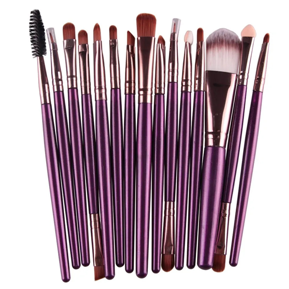 18-piece makeup brush set showing various brush shapes including fan tools for powder and contouring