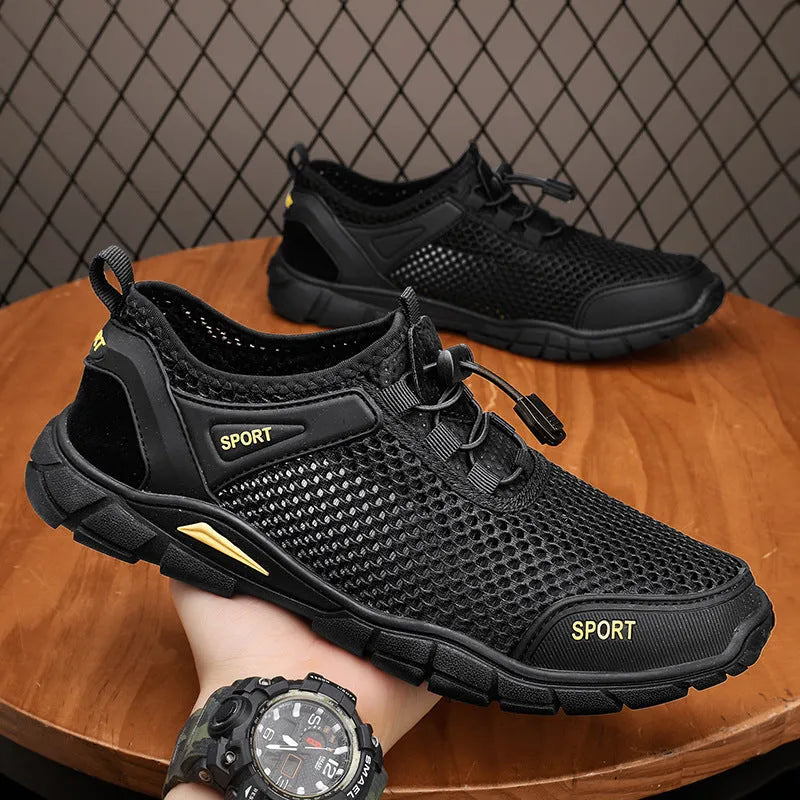 Men's leather mesh breathable outdoor casual sandals in black with flat heel and round toe