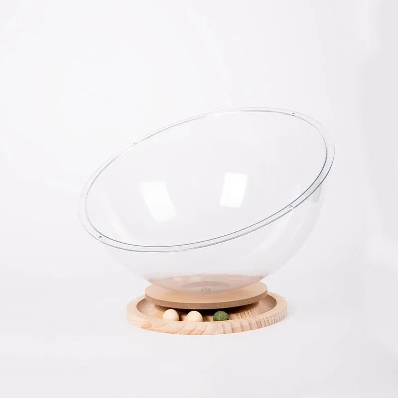 Transparent acrylic space capsule shaped cat bed on a turntable base, shown in a large size.