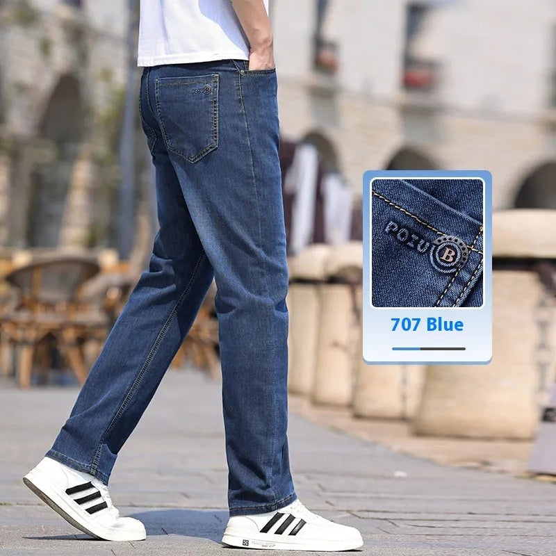 Men's Cotton Stretch Denim Casual Long Pants Straight Type Business Trousers 707 Blue Blue Gray Sizes 29-40