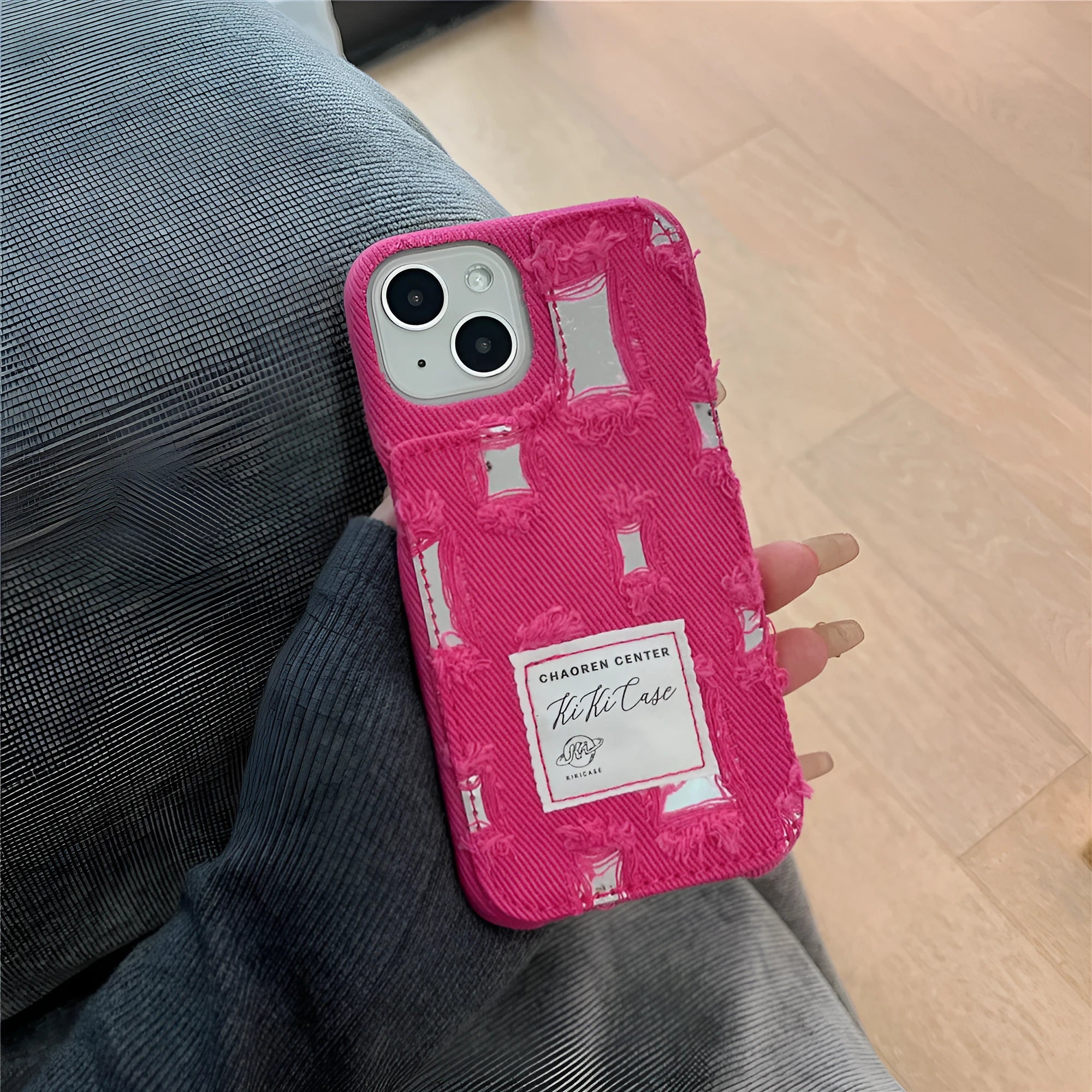 TPU mirror hole denim phone case for iPhone 12-15 series with rhinestone elements in rose red