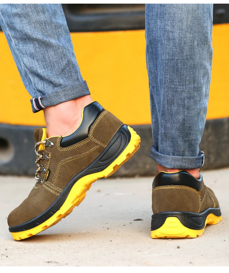 Bronze cow suede leather steel toe safety boots with solid non-slip sole