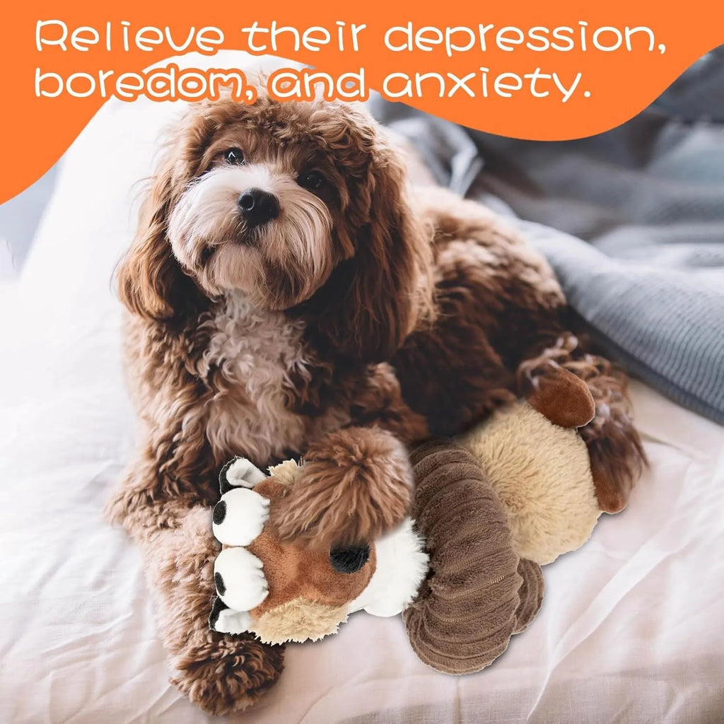 Brown, grey, and yellow plush dog toys with a foldable design and crinkle sound features.