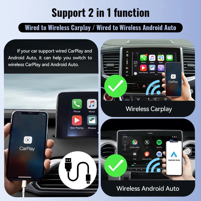 Black Mini CarPlay USB wireless data adapter with 26x55x13mm compact dimensions