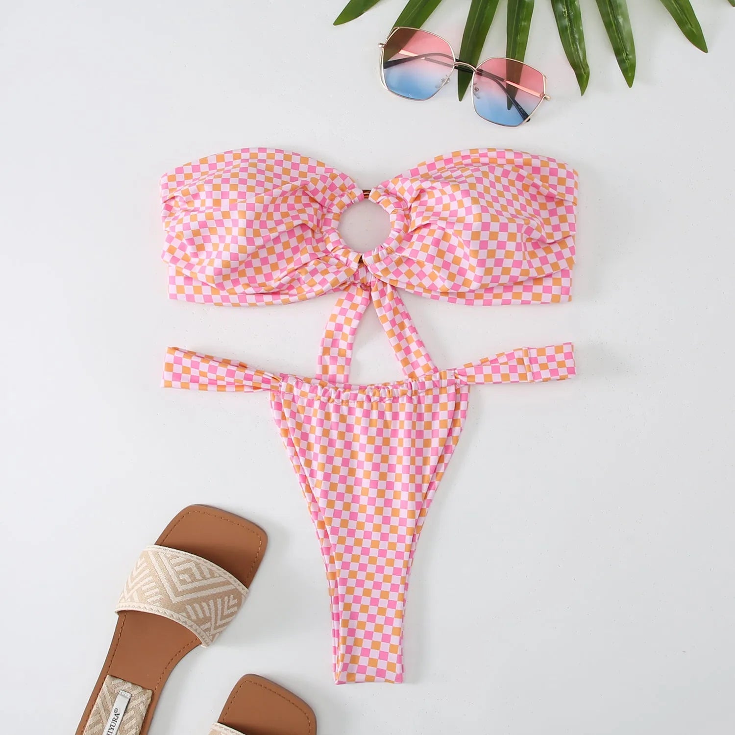 Women's floral printed ring bikini two-piece swimsuit set with sleeveless tube top and briefs.