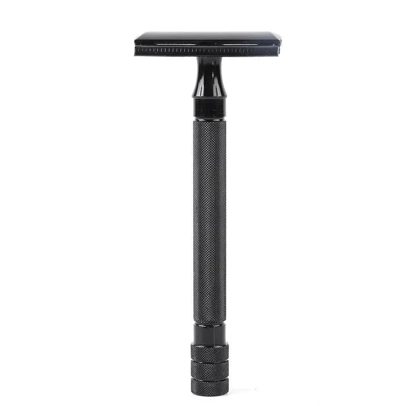 Manual beard scraper and brush set in black or silver metal finish