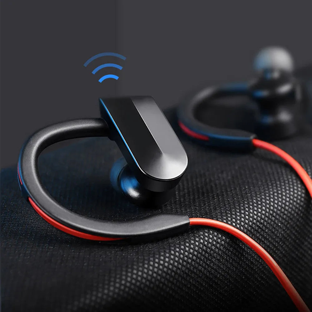 Wireless neck-mounted Bluetooth earphones in black, blue or red colours showing neckband and earpieces