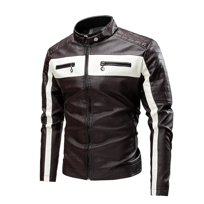 Men's stand collar PU leather retro jacket in black, loose fit with zippered pockets and full front zip