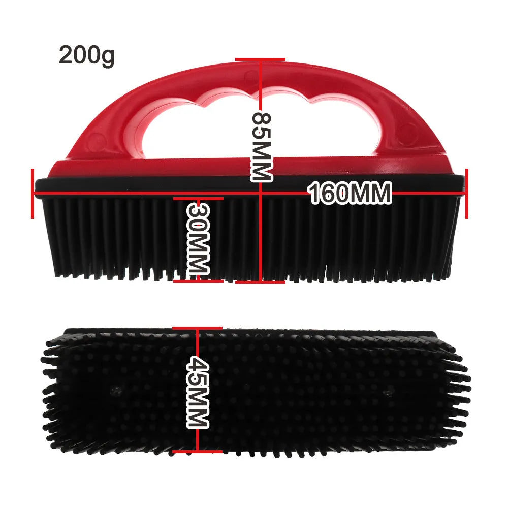 Red pet hair removal brush with massage function for dog and cat grooming during baths measuring 160x85mm